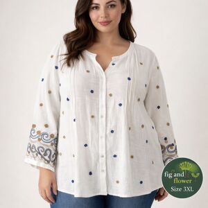 Fig & Flower White Floral Embroidered Boho Blouse Plus 3XL Rayon Tunic Top #5